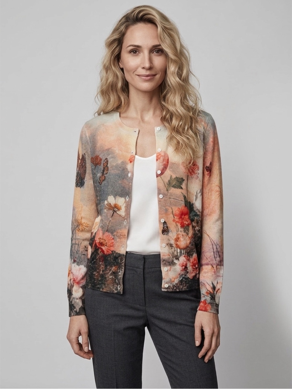 Anthropologie Cashmere Floral Watercolor Cardigan Sweater - Peach, Coral, Green